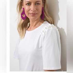 Chico’s Pima Faux Pearl Pleat Sleeve Tee White New
